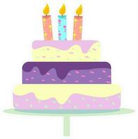 Colorful Burning Candles In Three Layer Cake Sticker. vector