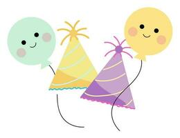 Cute Smiley Balloons And Party Hat Colorful Stickers. vector