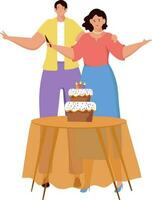 Young Birthday Girl Holding Knife Near Standing Boy In Front Of Cake On Table. vector