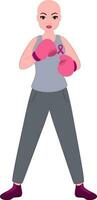 Bald Female Boxer Character Standing With Pink Cross Ribbon For Breast Cancer Concept. vector