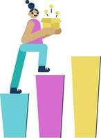 Cartoon Woman Holding Financial Box On Colorful Bar Graph. vector