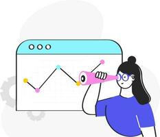 Vector Illustration Of Female Employee Looking From Spyglass And Web Statistics On White Background.