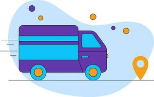 Vector Illustration Of Delivery Truck Tracking Location Pin On Blue And White Background.