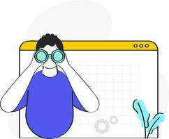 Vector Illustration Of Man Watching From Binocular And Empty Website On White Background.
