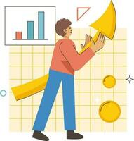 Vector Illustration Of Cartoon Businessman Or Employee Showing Growing Chart Against White And Yellow Grid Background.