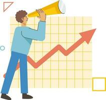 Vector Illustration Of Cartoon Businessman Or Employee Holding Spyglass And Growth Arrow Chart Against Background.