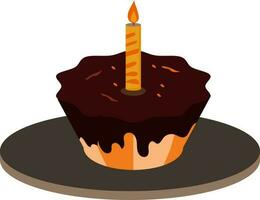 Cupcake With Lit Candle Icon In Brown And Orange Color. vector