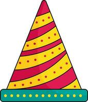 Dotted Striped Party Hat Icon In Yellow And Red Color. vector