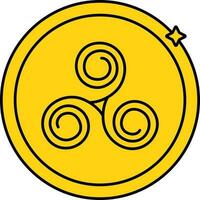 Yellow Triskelion Coin Icon In Flat Style. vector