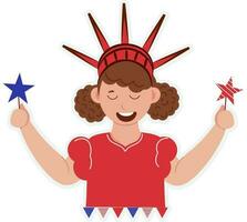 Statue Liberty Hat Wearing Cheerful Girl With Holding Fireworks Stick In Sticker Style. vector