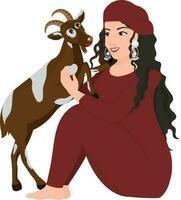 Beautiful Brown Kashmiri Costume Wearing Girl Loving Goat In Sitting Pose. vector