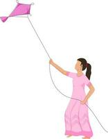 Faceless Young Girl Flying Pink Kite Over White Background. vector