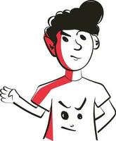 Doodle Style Mischievous Face Cartoon Boy Gesture Hand Point Way On White Background. vector