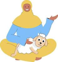 Islamic Young Lady Holding Cartoon Sheep In Sitting Position. vector