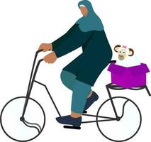 Illustration Of Muslim Chartoon Character Driving Bicycle With Sheep In Box. vector