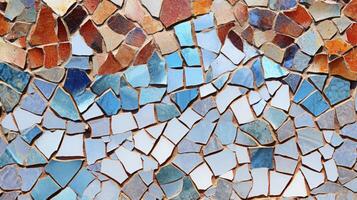 A close up of chipped mosaic tile wall. photo