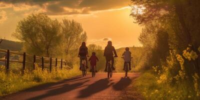 Family members cycle at rural outdoor in sunset. photo