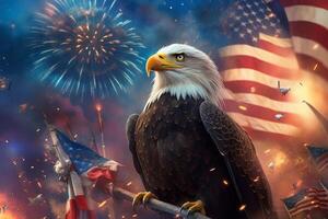 A bald eagle sitting on top of a pole next to an American flag. photo