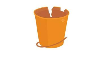 Broken plastic bucket vector illustration. Plastic waste concept. Broken orange bucket clipart. Water container icon. Flat vector in cartoon style isolated on white background.