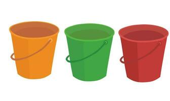 Colorful plastic bucket vector set. Water container icon.  Bucket clipart, water container flat vector in cartoon style isolated on white background.