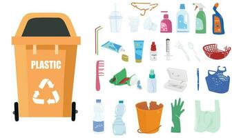 Plastic waste vector set.  Plastic garbage vector set. Waste sorting concept. Plastic products. Flat vector in cartoon style isolated on white background.