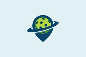pickleball center logo with a combination of a ball, pin, and swoosh that shaped like a pickleball planet. vector