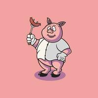 Cute fat pig cooking BBQ cartoon illustration vector