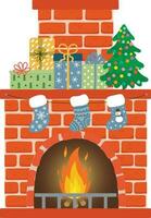 Red brick fireplace with socks, christmas tree and gifts . vector