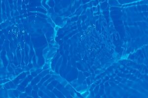 Blue water with ripples on the surface. Defocus blurred transparent blue colored clear calm water surface texture with splashes and bubbles. Water waves with shining pattern texture background. photo