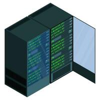 Isometric server. Network server room. 3D computer equipment. Storage database. Isometric technology. Vector illustration