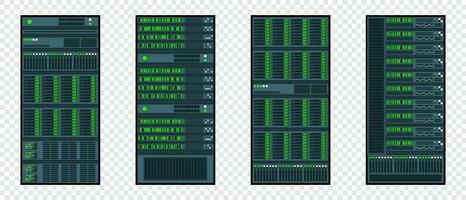 Set of various server racks. Server in cabinets. Server room data center. Server in flat design. Vector illustration