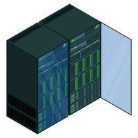 Isometric server. Network server room. 3D computer equipment. Storage database. Isometric technology. Vector illustration