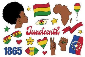 set of Juneteenth doodles, clip art, cartoon elements for stickers, apparel decor, prints, signs, icons, cards, etc. 18 isolated Juneteenth doodles. EPS 10 vector