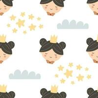 Seamless pattern with cartoon princess, decorative elements. Flat style colorful vector illustration for kids. hand drawing. baby design for fabric, textile, print, wrapper.