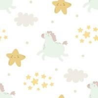 Seamless pattern with cartoon unicorn, decorative elements. Flat style colorful vector illustration for kids. hand drawing. baby design for fabric, textile, print, wrapper.
