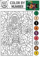 Vector color by number activity with cute pirate. Treasure island scene. Black and white counting game with cute captain with hook and sable. Sea adventures coloring page for kids