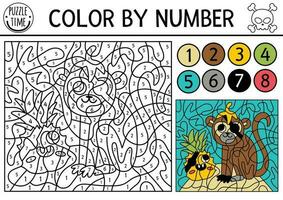 Vector pirate color by number activity with monkey and kawaii pineapple. Treasure island scene. Black and white counting game with cute animal. Sea adventures coloring page for kids