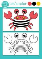 Pirate coloring page for children with cute crab. Vector treasure island outline illustration. Color book for kids with colored example. Drawing skills printable worksheet