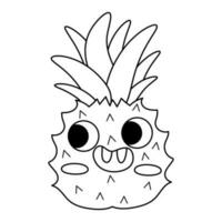 Vector black and white funny kawaii pineapple line icon or coloring page. Pirate fruit illustration. Comic plant fruit with eyes and mouth isolated on white background