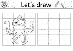 Draw the octopus. Complete the picture. Vector pirate drawing practice worksheet. Printable black and white activity for kids with sea animal. Treasure island copy the picture coloring page