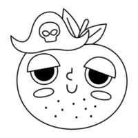 Vector black and white funny kawaii apple line icon or coloring page. Pirate fruit illustration. Comic plant fruit with eyes, pirate hat and mouth isolated on white background