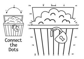 Vector dot-to-dot and color activity with treasure chest. Pirate island connect the dots game. Sea adventures coloring page for kids with trunk with coins. Printable worksheet with numbers