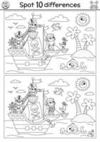 Black and white find differences game for children. Sea adventures line educational activity with cute pirate ship, pirates, octopus. Treasure island printable worksheet, coloring page for kids vector