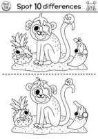 Black and white find differences game for children. Sea adventures line educational activity with cute pirate monkey, banana, pineapple. Treasure island printable worksheet, coloring page for kids vector