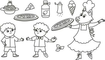 negro y blanco conjunto con cocinar lobo y dos Niños, pizza, helado, espaguetis, aceituna aceite. colorante página para italiano cocina restaurante. tradicional Roma comida y cocinero ilustración. gracioso clipart para niños vector