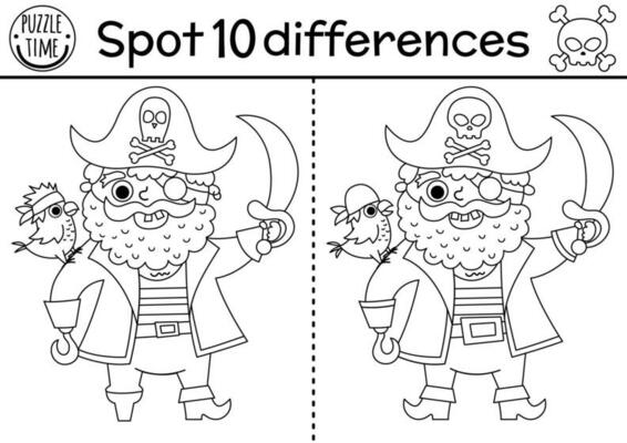 Black and white find differences game for children. Sea adventures line educational activity with cute pirate with parrot and sable. Treasure island printable worksheet, coloring page for kids