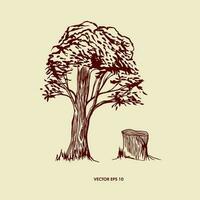 Vector deciduous tree and stump. Graphic arts. As a design element for decorative wall, banners, forest theme, book illustrations.