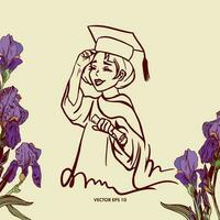 Vector illustration of a university graduate, girls. A postcard decorated with irises for the graduation ceremony. It can be used as a banner, flyer, invitation.