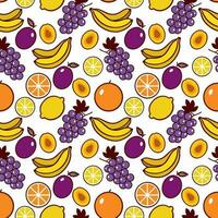 Grapes, bananas, lemons, oranges, plums. Seamless vector pattern with fruits. Design of textiles, clothes, covers, wrapping paper.