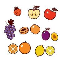 Lemon, orange, peach, apple, strawberry, grape, plum. Vector set of fruits. Design elements for food labels, wrapping paper, covers, textiles.